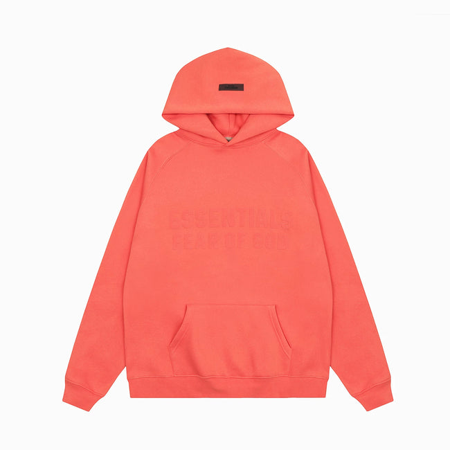 Fear Of God Essentials Double‑Line Plush Pullover Hoodie Coral Red Hover Image
