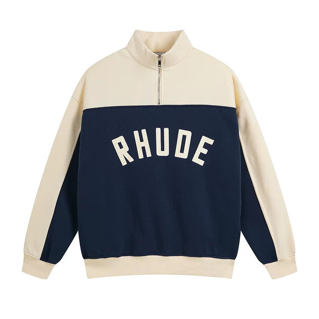 Rhude Color Block Quarter Zip Arch Logo Sweatshirt Navy Hover Image