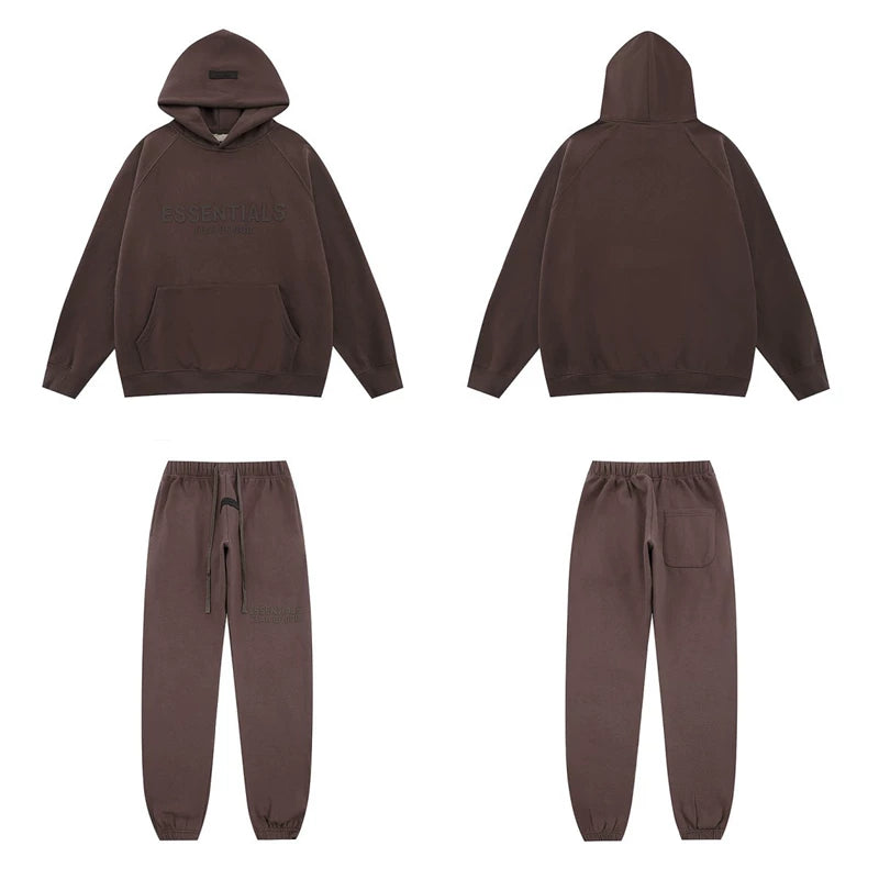 Fear Of God Essentials Tone‑on‑Tone Hoodie & Jogger Tracksuit Set Dark Brown