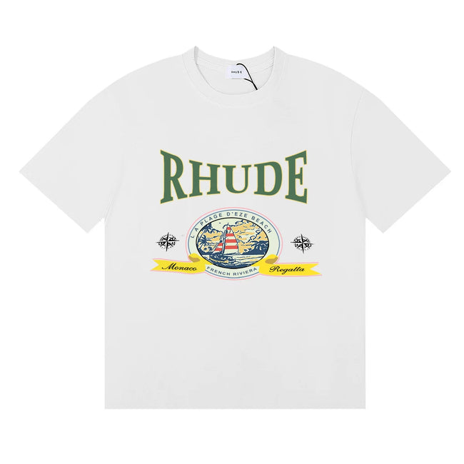 Rhude Retro Globe Badge Green Letter White Oversized T‑Shirt Hover Image