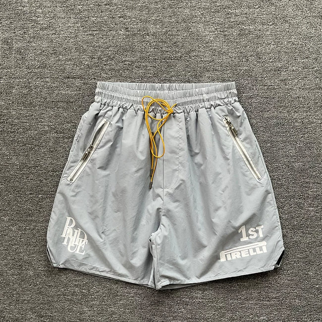 Rhude Grey Nylon Racing Graphic Shorts Hover Image