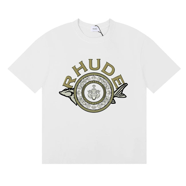 Rhude Ornate Crest Circular Emblem Vintage White Oversized T‑Shirt Hover Image