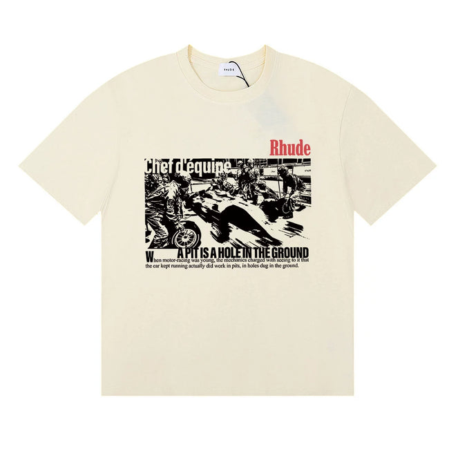 Rhude Black‑White Comic Motif Red Logo Cream Oversized T‑Shirt Hover Image