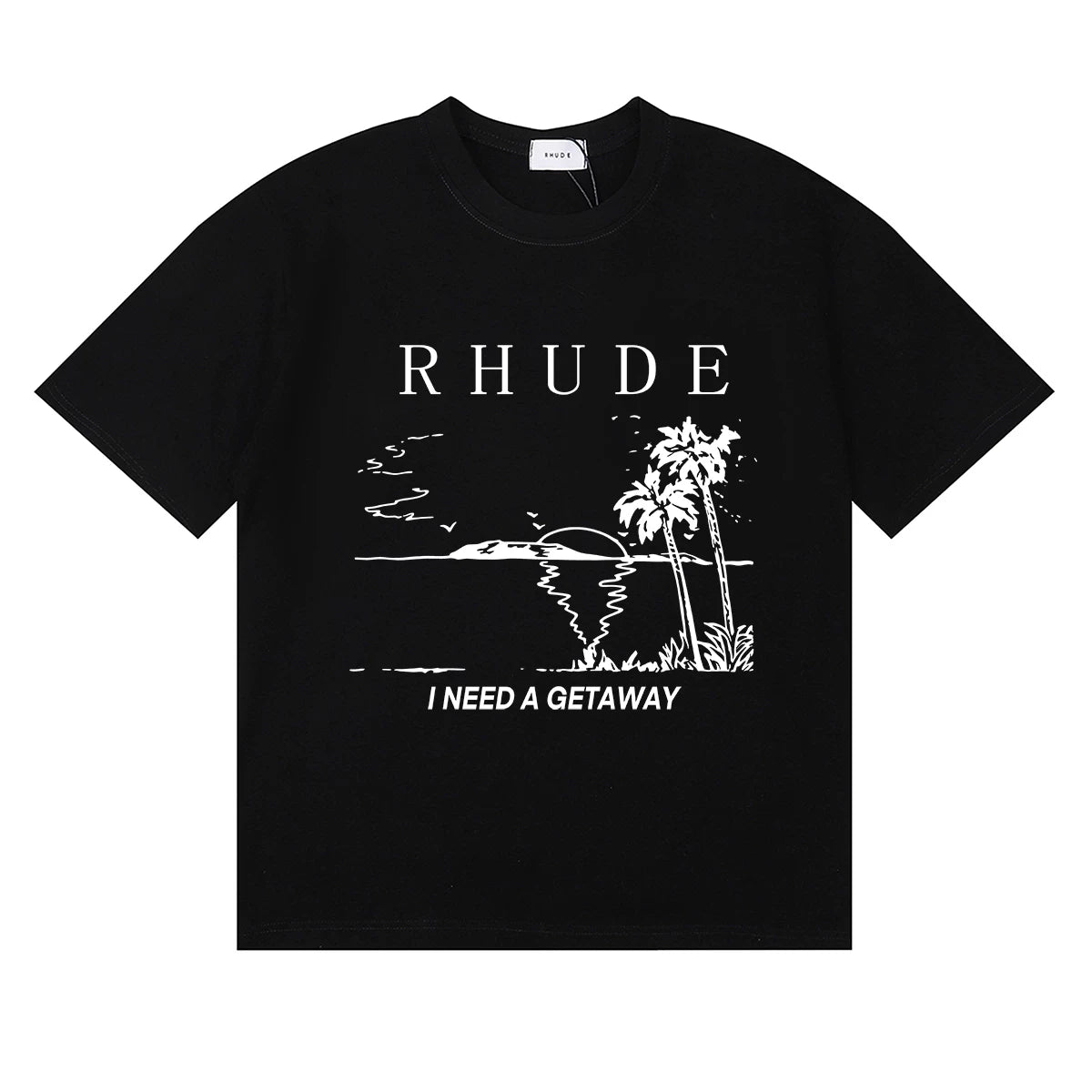 Rhude I Need A Getaway Beach Palm Tree Graphic Black Oversized T‑Shirt
