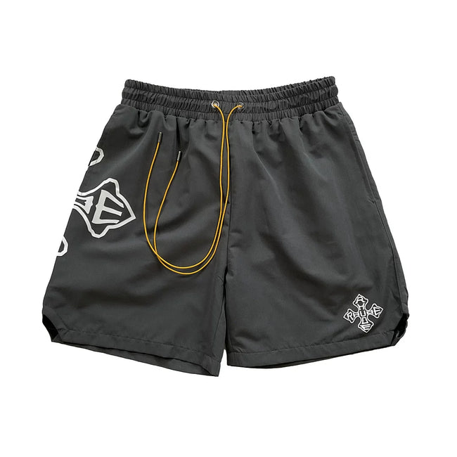 Rhude Cross Graphic Dark Grey Nylon Shorts Hover Image