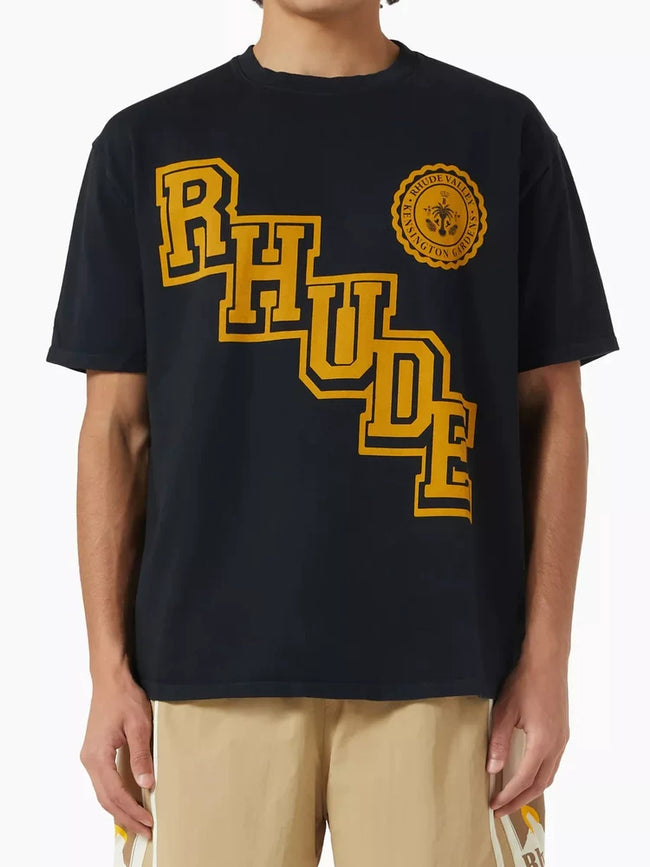 Rhude Varsity Gold Letter Crest Oversized T‑Shirt Black Hover Image