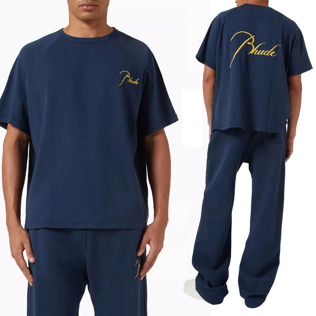 Rhude Gold Cursive Script Dual‑Sided Oversized T‑Shirt Hover Image
