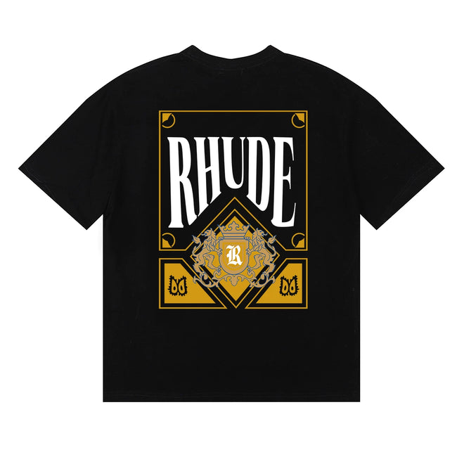 Rhude Golden Crest Ornate Frame Back Print Black Oversized T‑Shirt Hover Image