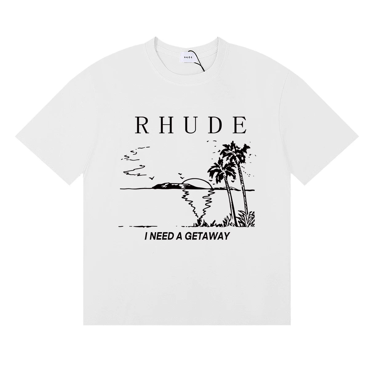 Rhude I Need A Getaway Beach Palm Tree Graphic White Oversized T‑Shirt ****