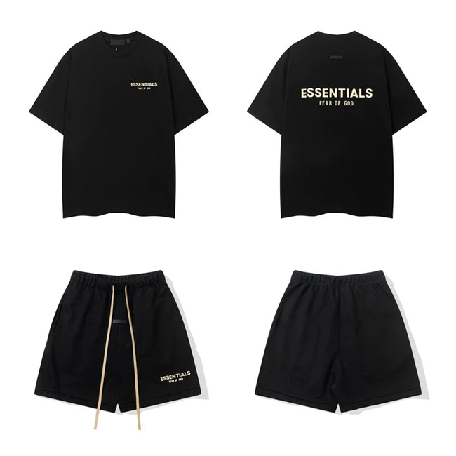 Fear Of God Essentials Gold Logo T‑Shirt Fleece Shorts Summer Set Black Hover Image