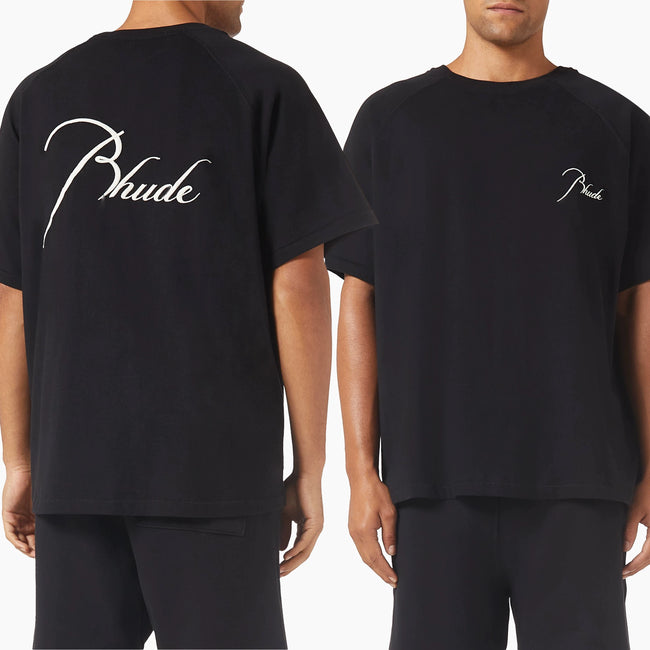 Rhude Cursive Script Dual‑Sided Oversized T‑Shirt Black Hover Image