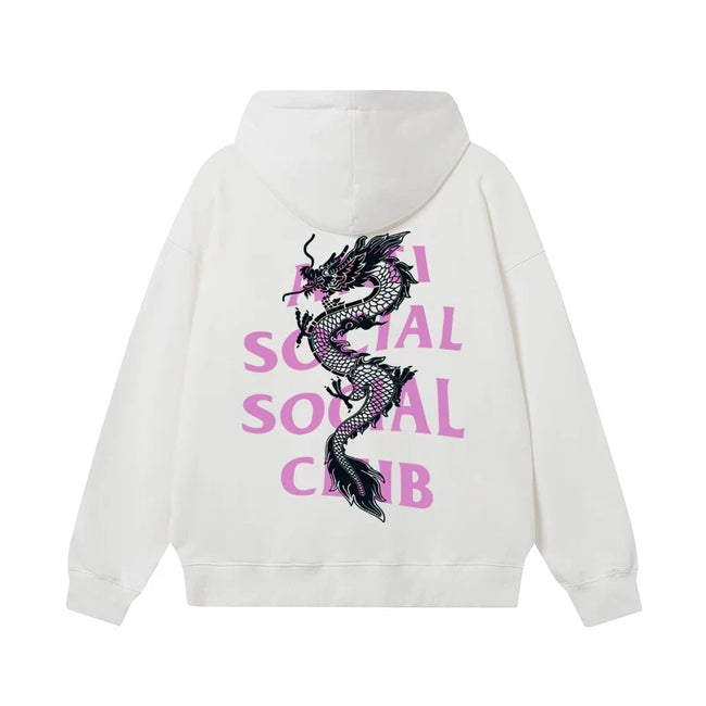 Anti Social Social Club Black Dragon Purple Logo White Hoodie Hover Image