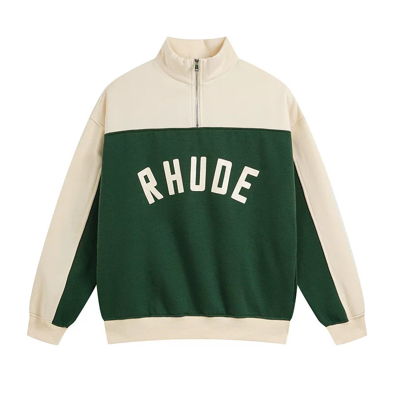 Rhude Color Block Quarter Zip Arch Logo Sweatshirt Forest Green