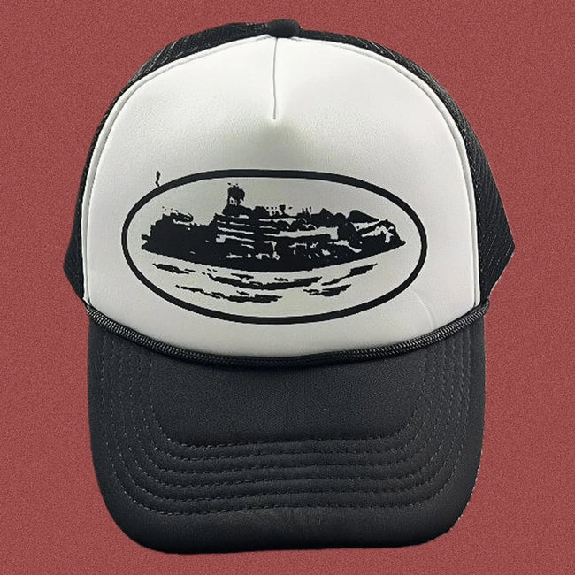 Cortiez Bold Black Oval Ship Logo Trucker Hat - White Hover Image