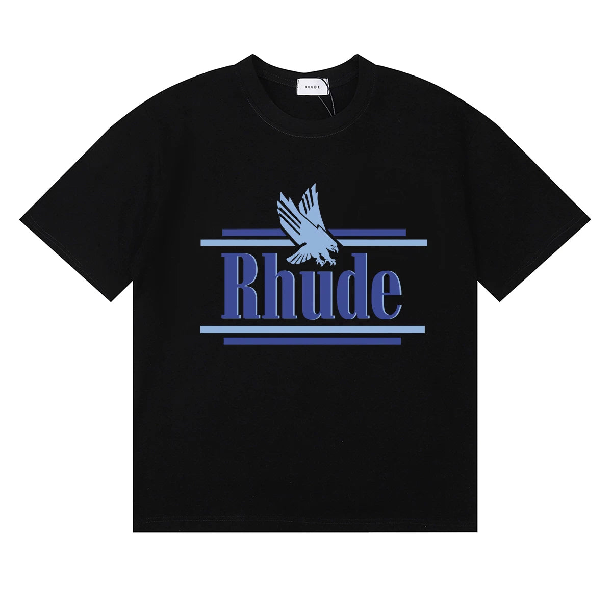 Rhude Eagle Graphic Blue Logo Black Oversized T‑Shirt