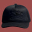All-Black Vintage Trucker Hat with Tonal Stars and Cruise Ship Graphic