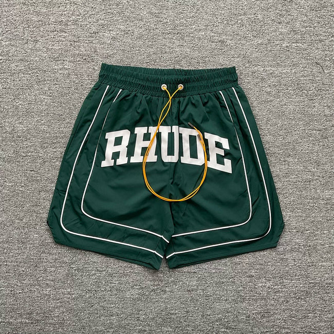 Rhude Teal Varsity Stripe Nylon Shorts Hover Image