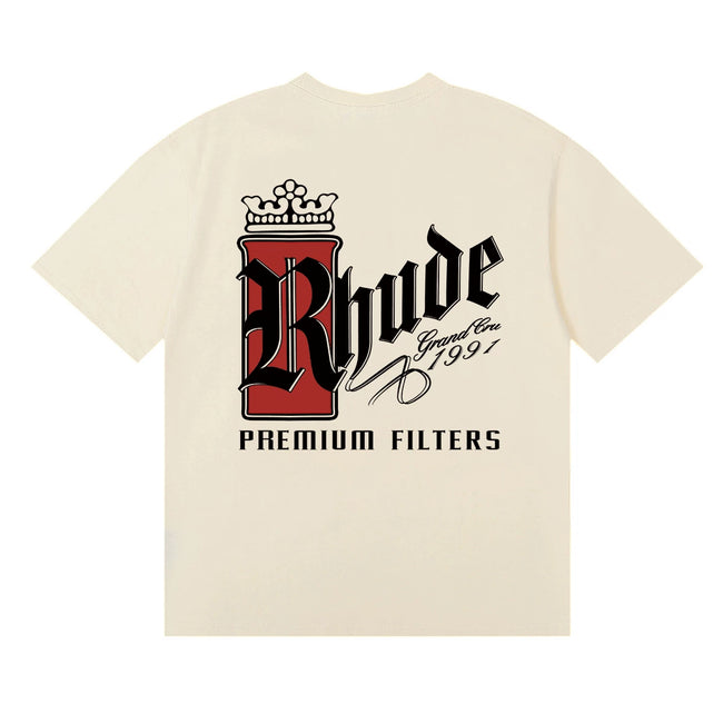 Rhude Crown Premium Filters Gothic Logo Cream Oversized T‑Shirt Hover Image