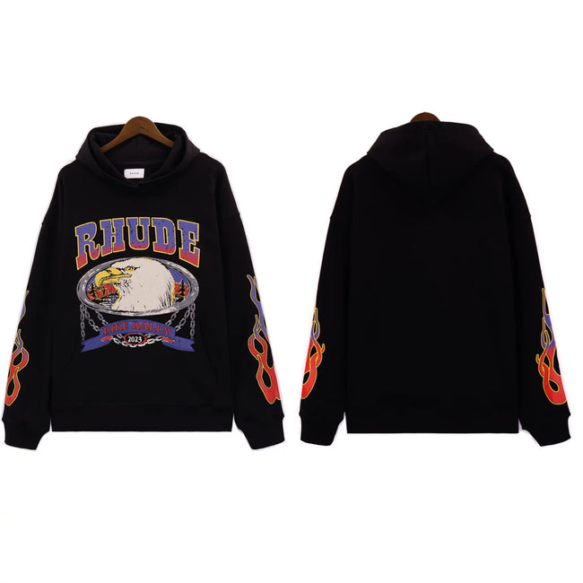 RHUDE Eagle Graphic Flame Sleeve Hoodie Black Hover Image