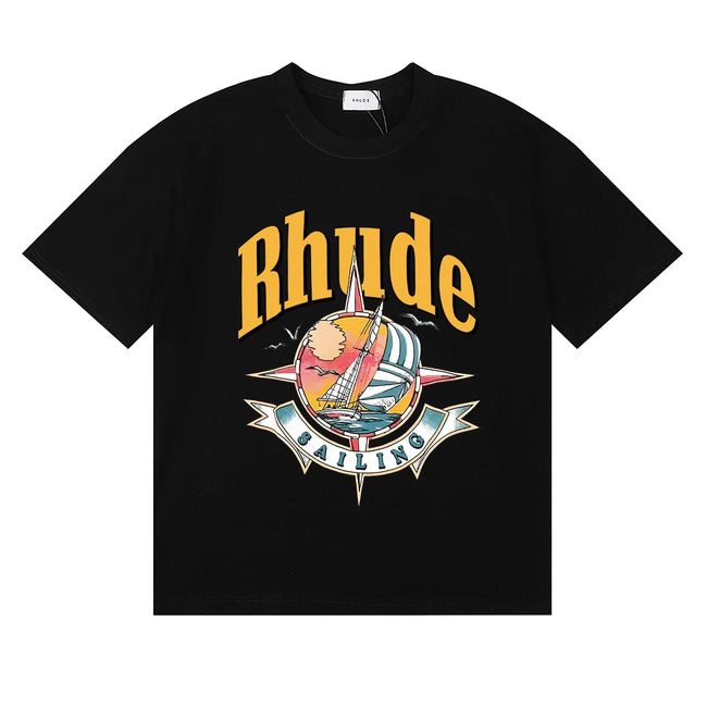 Rhude Sailing Compass Sailboat Vintage Graphic Black Oversized T‑Shirt Hover Image