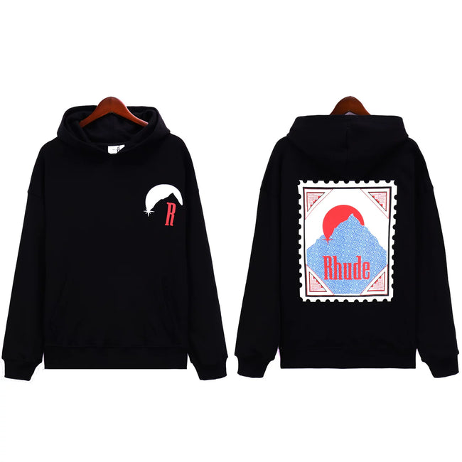 RHUDE Moon Chest Stamp Back Graphic Hoodie Black Hover Image