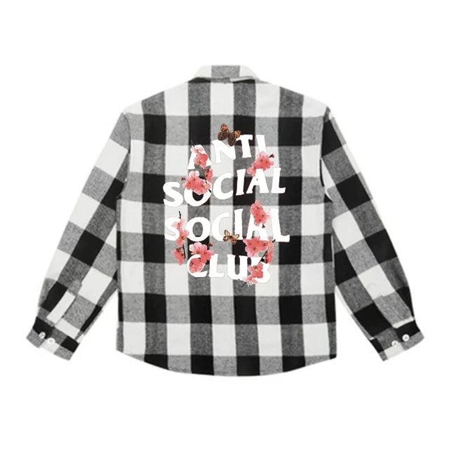 Anti Social Social Club Cherry Blossom Black White Plaid Flannel Shirt Hover Image