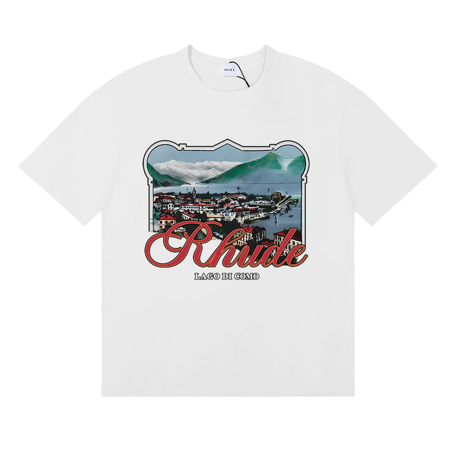 Rhude Coastal Town Postcard Scenery Red Script Logo White Oversized T‑Shirt Hover Image