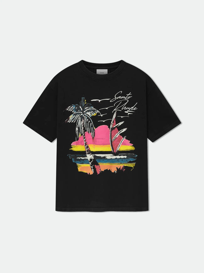 Rhude Sunset Palm Beach Surf Graphic Oversized T‑Shirt Black Hover Image
