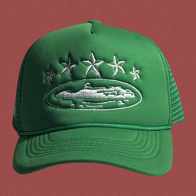Corteiz Vintage Green Trucker Hat with White Stars and Cruise Ship Graphic Hover Image